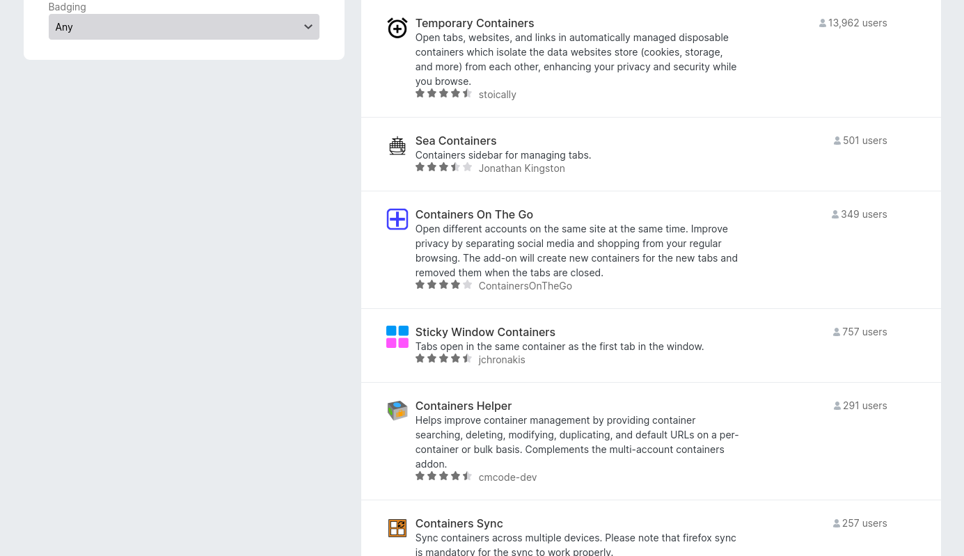 FF multi account containers.other container add ons