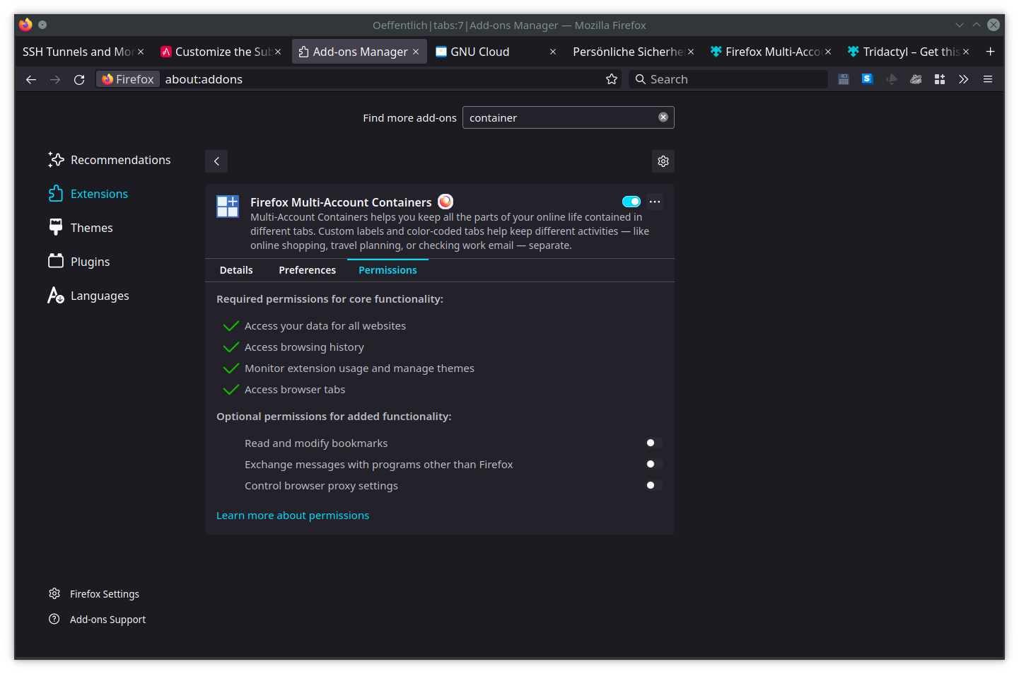 FF multi account containers.permissions