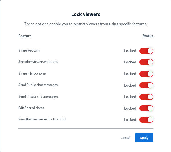 Image of configuration box. Use "Lock viewers" to restrict participant features